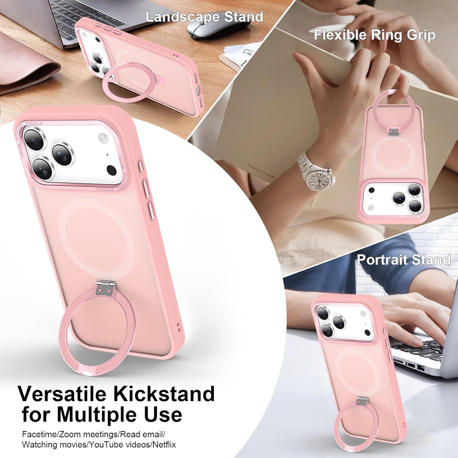 Magnetic for iPhone 17 Pro Case with Ring Stand, [10 FT Drop Protection] [Velvety Touch] Slim Translucent Matte Back Shockproof Phone Case for iPhone 17 Pro 6.3'', Pink - Image 3