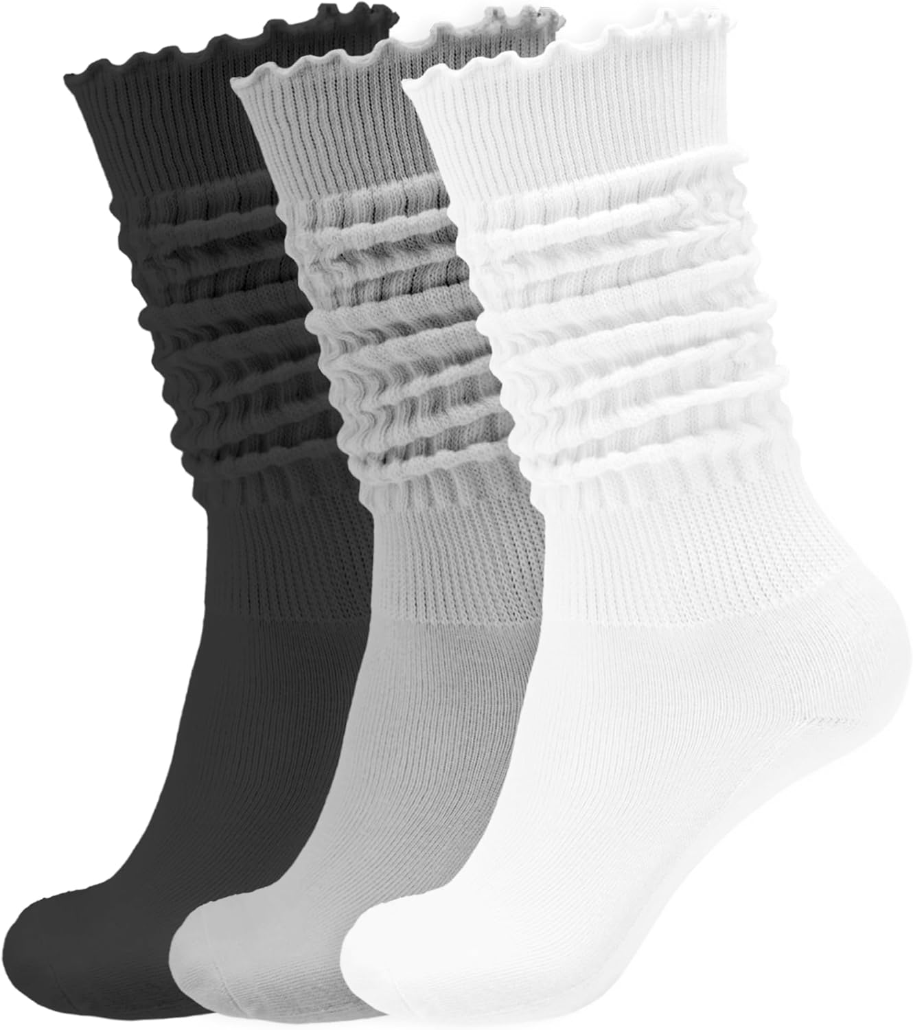 Women’s Ruffle Slouchy Socks 3 Pack Retro Cute Frilly Scrunch Knee High Cozy Cotton Long Boot Chunky Socks Size 6-11