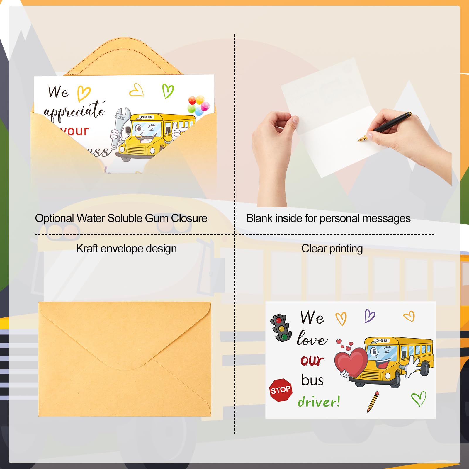 Motiskyy Paquete de 24 tarjetas de agradecimiento para conductor de autobús escolar con sobres, tarjeta de agradecimiento, regalo de jubilación, regalo de fin de año, para conductor de autobús