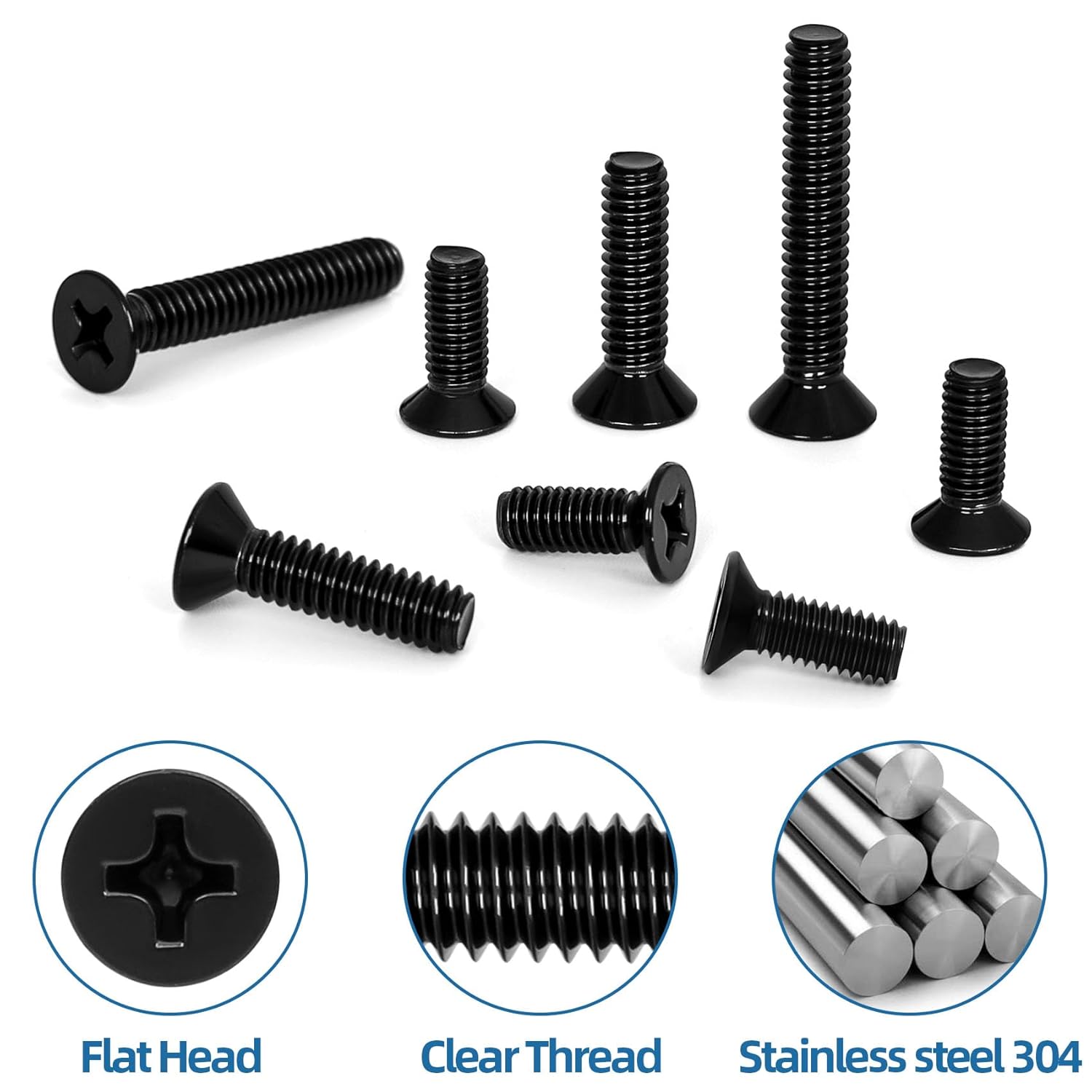 M4 x 12mm Countersunk Flat Head Machine Screws, Full Thread, 304 Stainless Steel Black Finish, 50 PCS