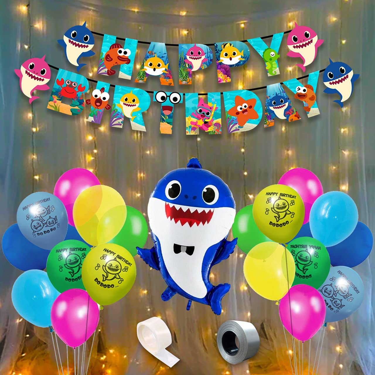 Party Propz Baby Shark Theme Birthday Decorations -45Pcs Combo Set - Happy birthday Banner (cardstock), Balloons, Foil Balloon, Fairy Lights - Baby Shark Party Supplies for - Kids Theme Multi color