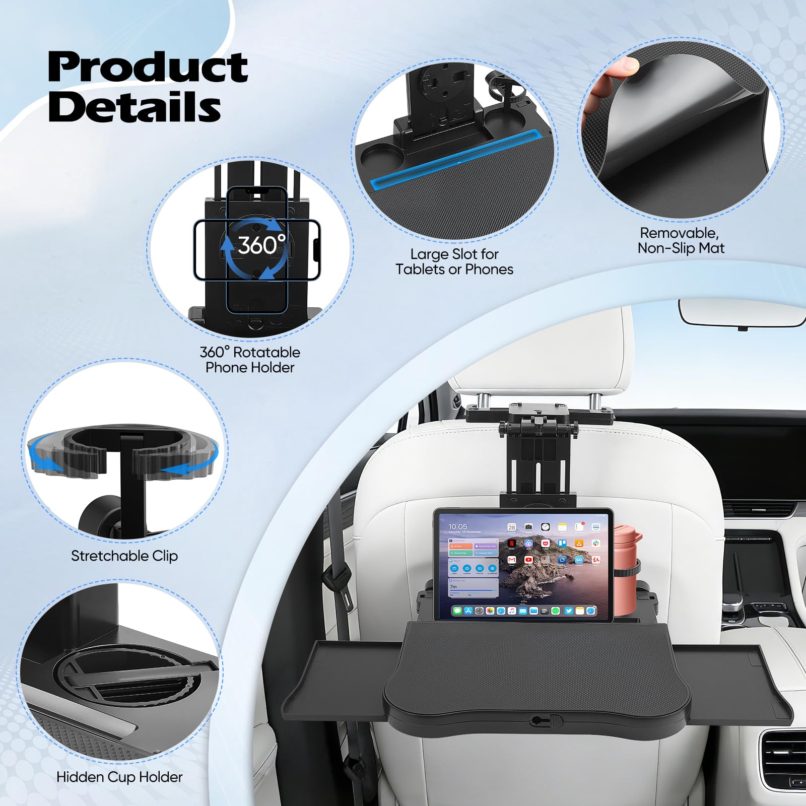 Bandeja para Asiento de Auto 20kg, Mesa de Asiento Trasero para Coche, Escritorio Giratorio de 360° con Respaldo, Portavasos, Multifuncional Coche para Comer