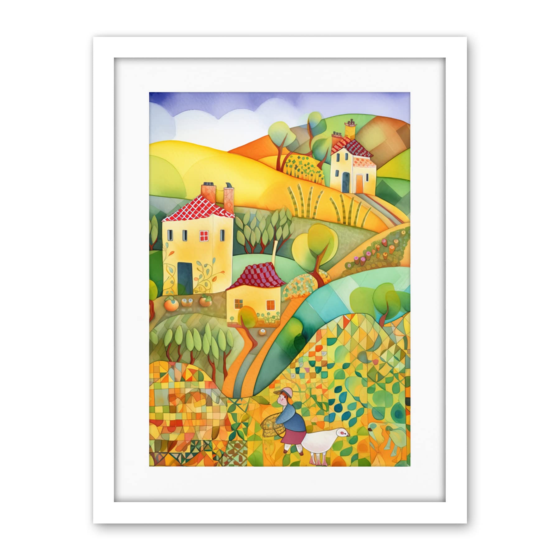 Artery8 Countryside Farming Folk Art Watercolour Painting Artwork Framed Wall Art Print 18X24 Inch