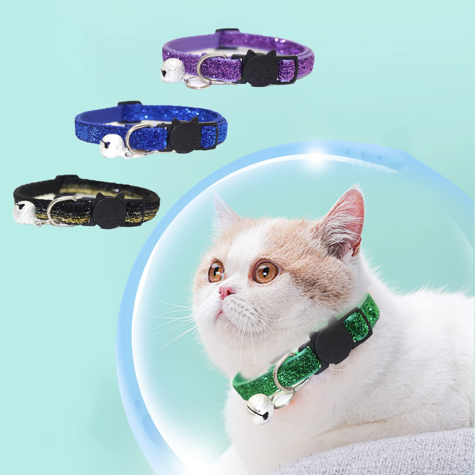 BWESOO Katzenhalsbänder mit Glöckchen, Katzenhalsband, glitzernd, verstellbar, Katzenhalsband, Zubehör für kleine, mittelgroße Hunde und Katzen, Violett