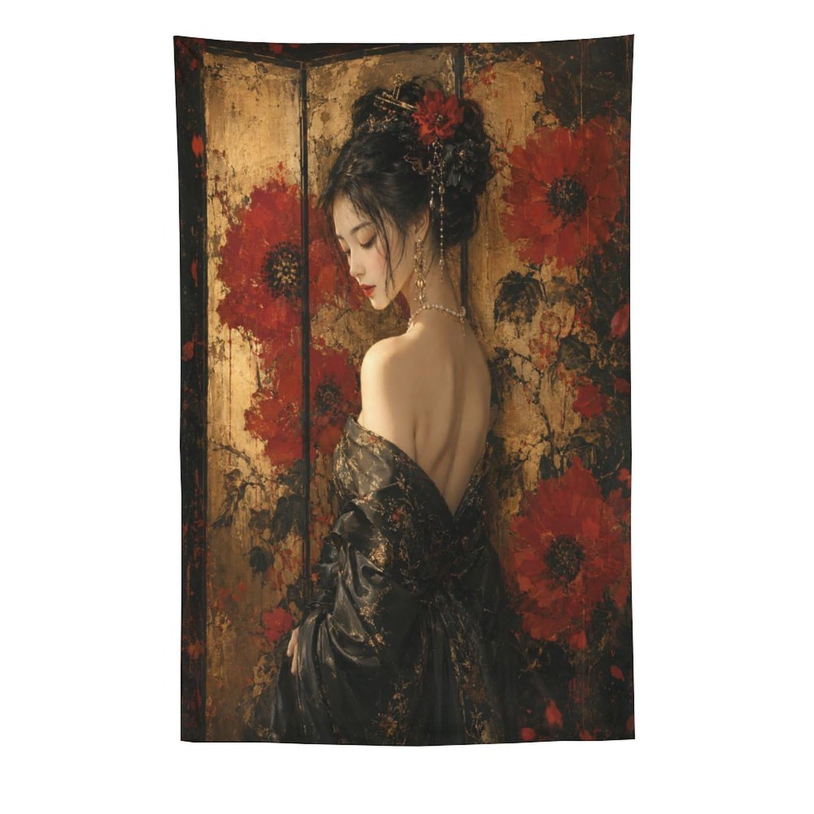 H3B8U2Y5 Red Poppy Woman Gold Wall Tapestry, Oil Painting, Dorm Room