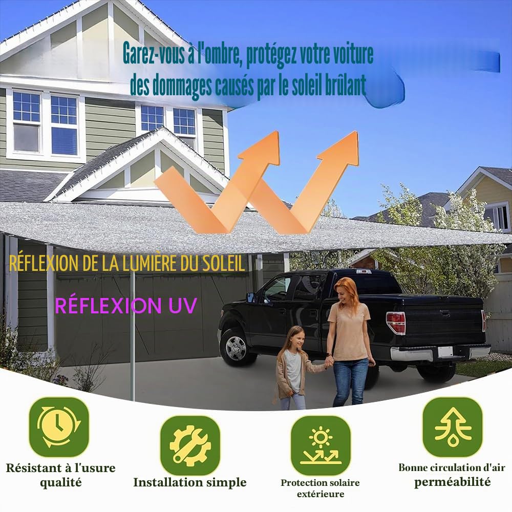 Filet d'ombrage pour voiture pour chien 3 x 4 m, filet de protection solaire pour voiture, bâche d'ombrage réfléchissante, camping, filet d'ombrage en aluminium, protection solaire à 80 % de