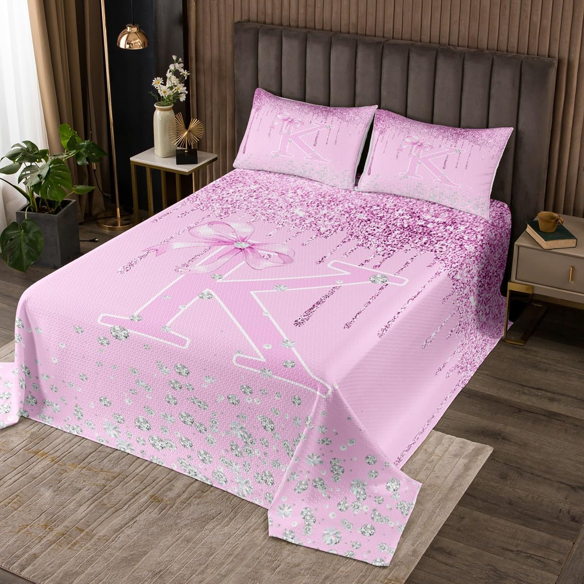 jejeloiu Bow Bedspread for Kids Boys Girls,Twin Size,Personalized Letter K Coverlet Set,Glitter Diamond Pattern Quilted Coverlet,Monogrammed Bedspread Cover,Bedroom Decor,Purple