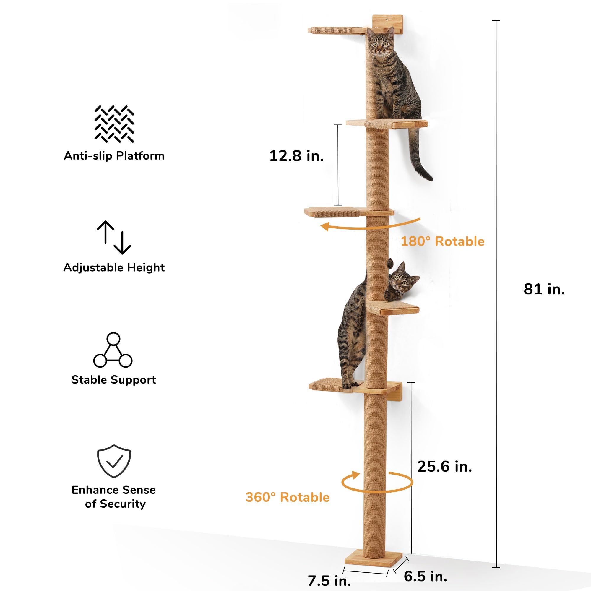 FUKUMARU Tall Cat Tree, 5 Tier Floor to Ceiling Cat Tower, Wall-Mounted Cat Scratching Post, Wild Simulation Cat Wall Shelves, Suitable for Cats Climb, Scratch, Lookout and Play