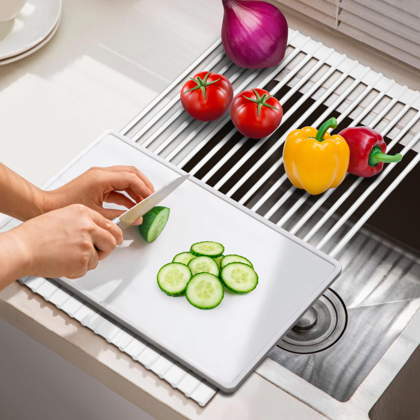Scolapiatti Pieghevole Sopra Lavello – In Acciaio Inox E Silicone, Antiscivolo, Resistente Al Calore, Per Stoviglie, Pentole E Tazze, Salvaspazio
