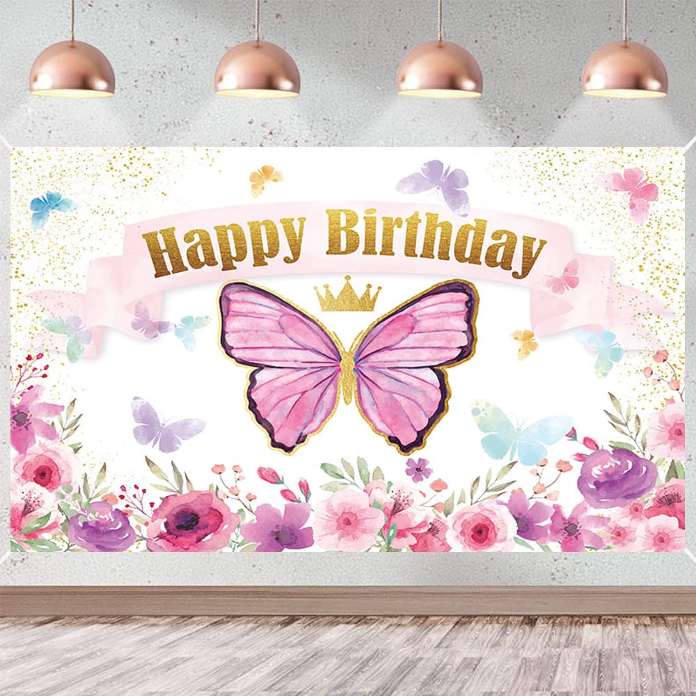 Jollyboom Blue Butterfly Happy Birthday Banner - Pre-Assembled, Cardstock, For Girls Party