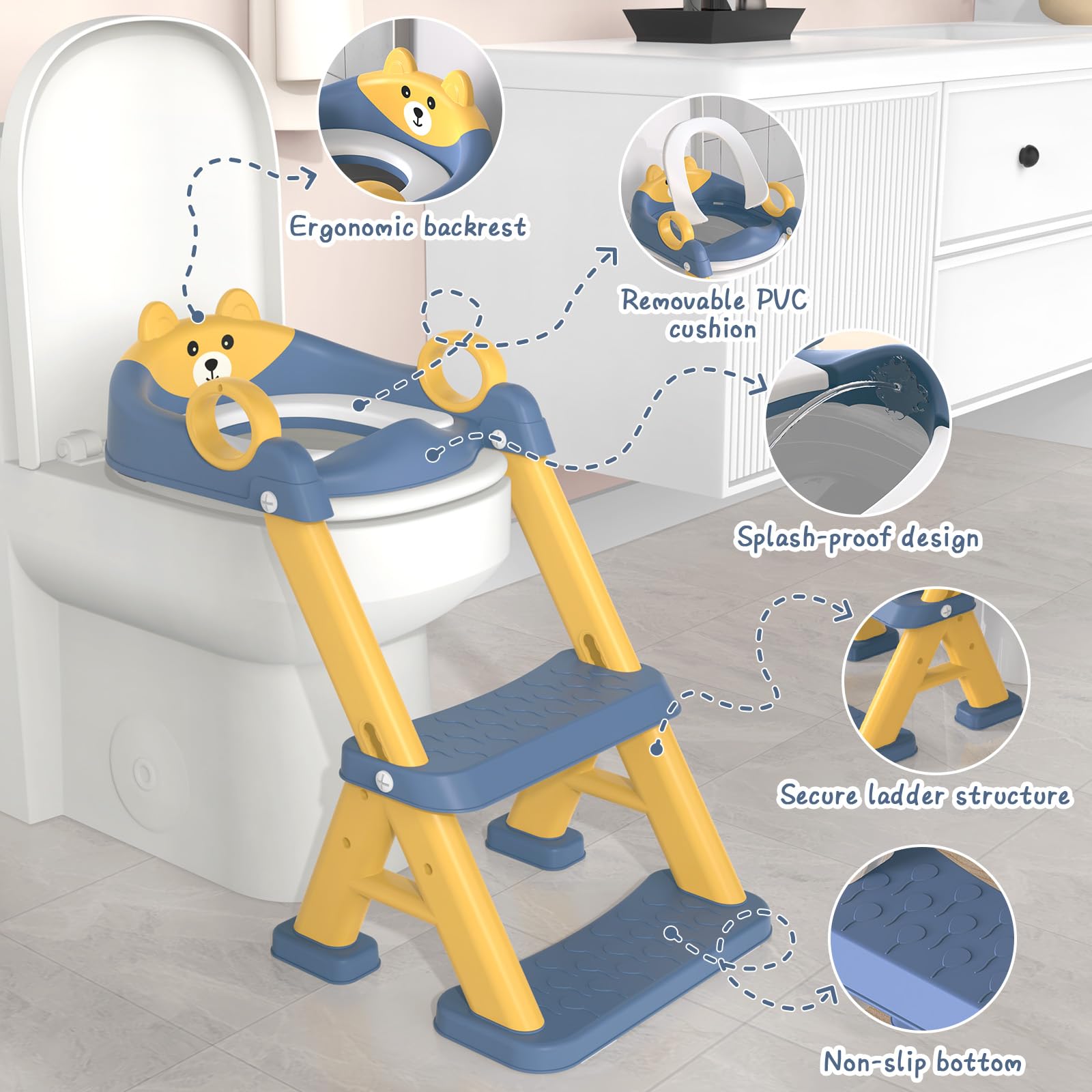 Riduttore WC Bambini, Sedile Rialzato per Bambini Maschi e Femmine, Riduttore WC 2 in 1 con Scaletta, Riduttore WC Sedile del Water con Seggiolino per Bambini, Pedana Antiscivolo Anti-Spruzzo, Blu