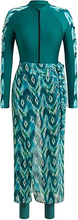 IDOPIP Muslim Burkini Swimsuit for Womens One Piece Swimsuit with Beach Skirt Cover up Sarong+Pants 3PCS Modest Bathing Suit