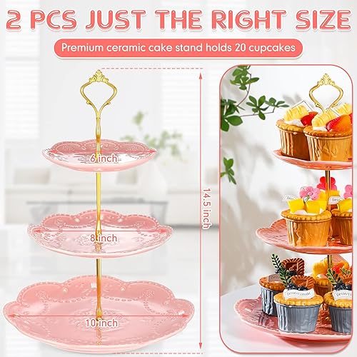 Miniatura 2 de Tanlade 2 soportes de porcelana para cupcakes de 3 niveles, bandeja para servir postres escalonados, platos de fiesta de té en relieve, soporte para