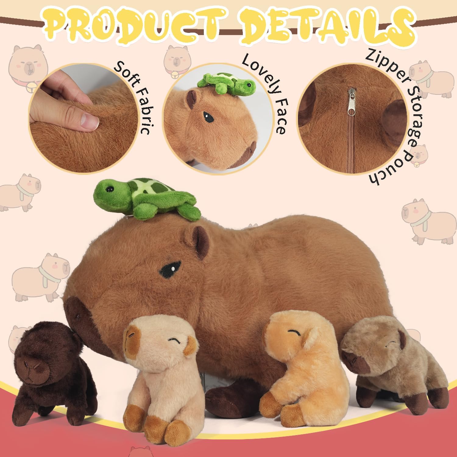 6 in 1 Capybara Plush Large Capybara Stuffed Animal with Babies Inside, 14.2" Mommy Stuffed Capybara Plush Pillow with Turtle 4 Baby Capibaras Peluches Plushies Toys for Kids Birthday Valentines Gifts - Image 7