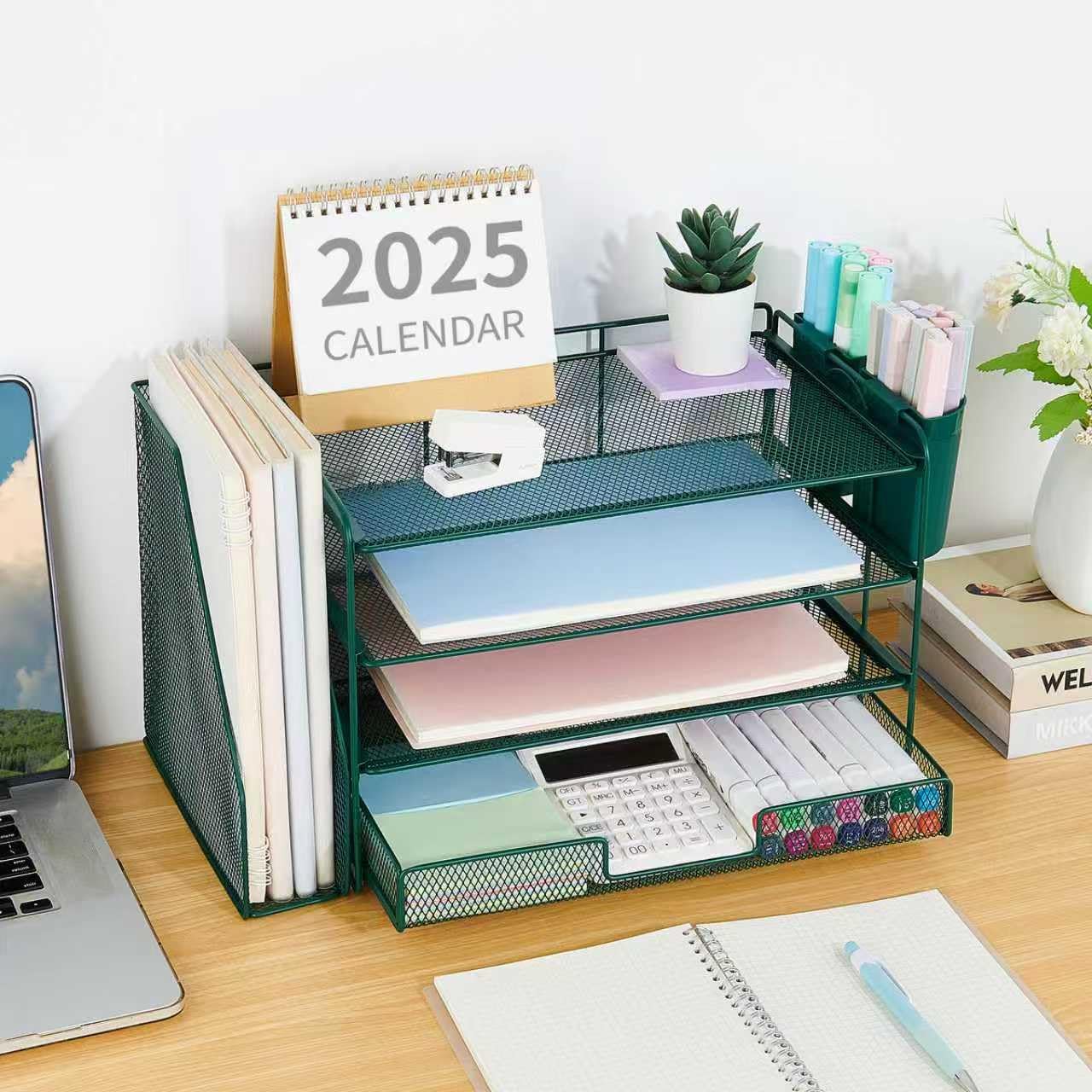 OPNICE Desk Organizer, 4-Tier Desktop File Organizer with Drawer and 2 Pen Holders, Office Desk Accessories, File Sorters, Workspace Organizers for Office Supplies(Dark Green)