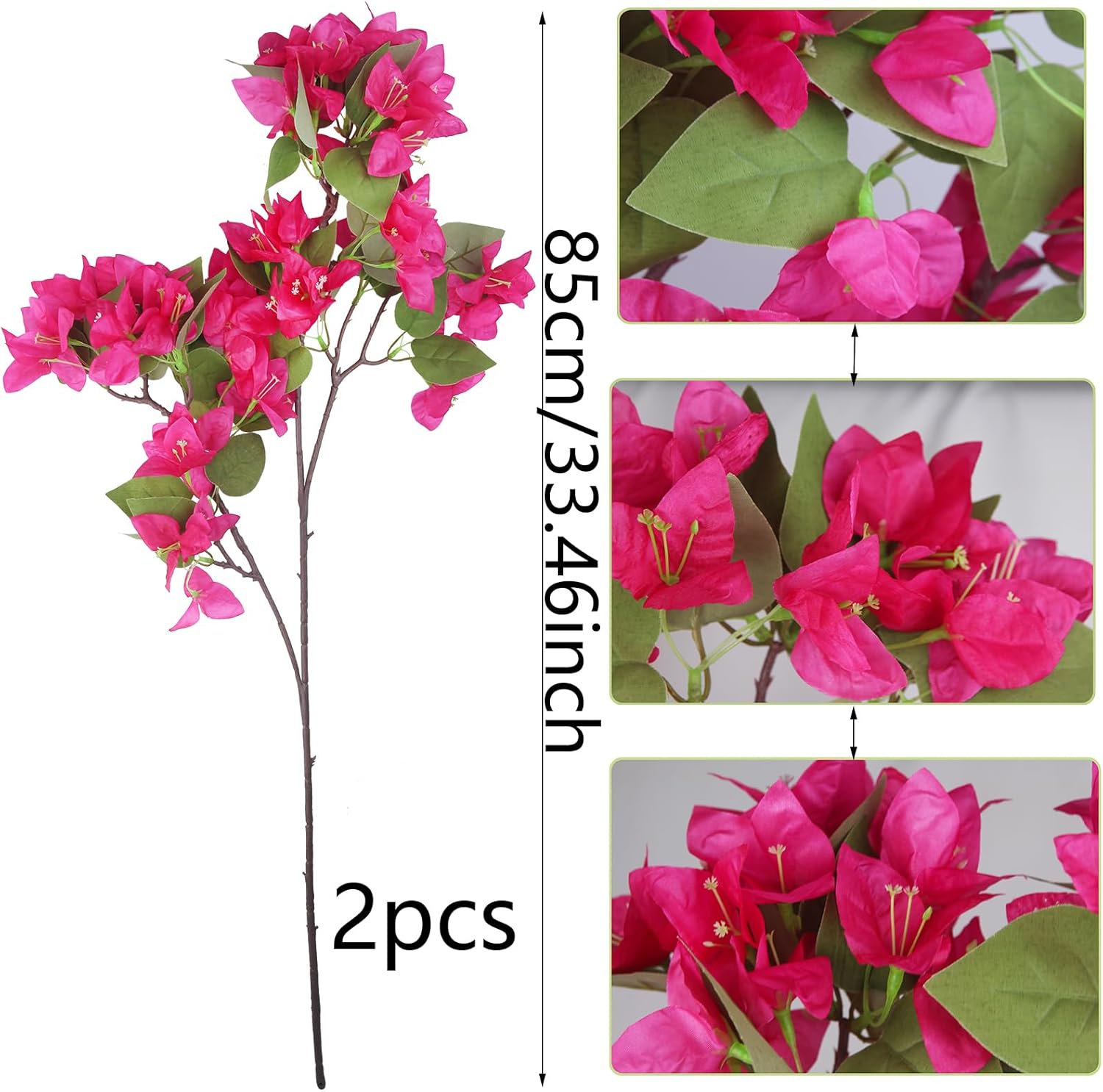 2 Pcs Artificial Flowers Bougainvillea Outdoor Rose Red Faux Bougainvillea Flowers with Stems Artificial Bougainvillea Silk Flowers Branches for Garden Wedding Centerpieces Table Runner Decor - Image 2