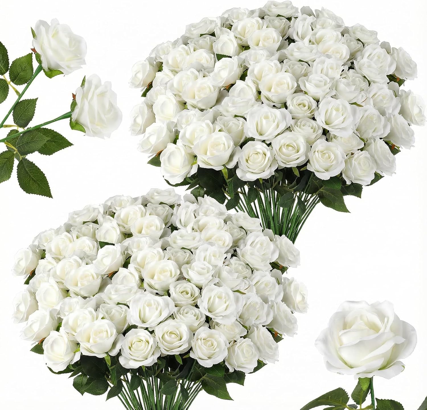 Grevosea 52 Pcs White Roses Artificial Flowers, Silk Velvet Faux Flowers with Long Stems Rose Bulk Faux Flower for Wedding Centerpieces Bridal Bouquet Mohter's Day Valentine's Day Home Decor(White)