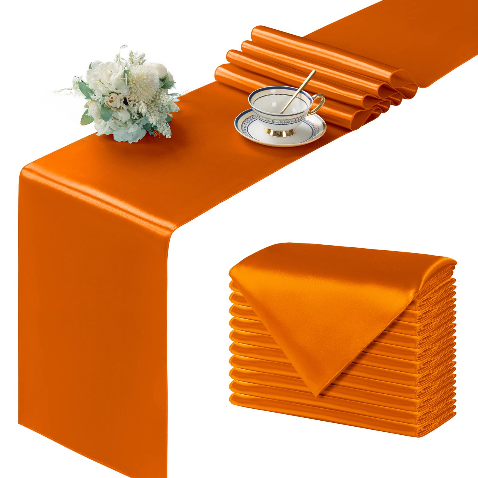 Manyshofu 12Pcs Satin Orange Table Runner - 12 x 72 Inch Long Size, Party Table Runner Decor Bright & Smooth Wedding Decorations Table Runners for