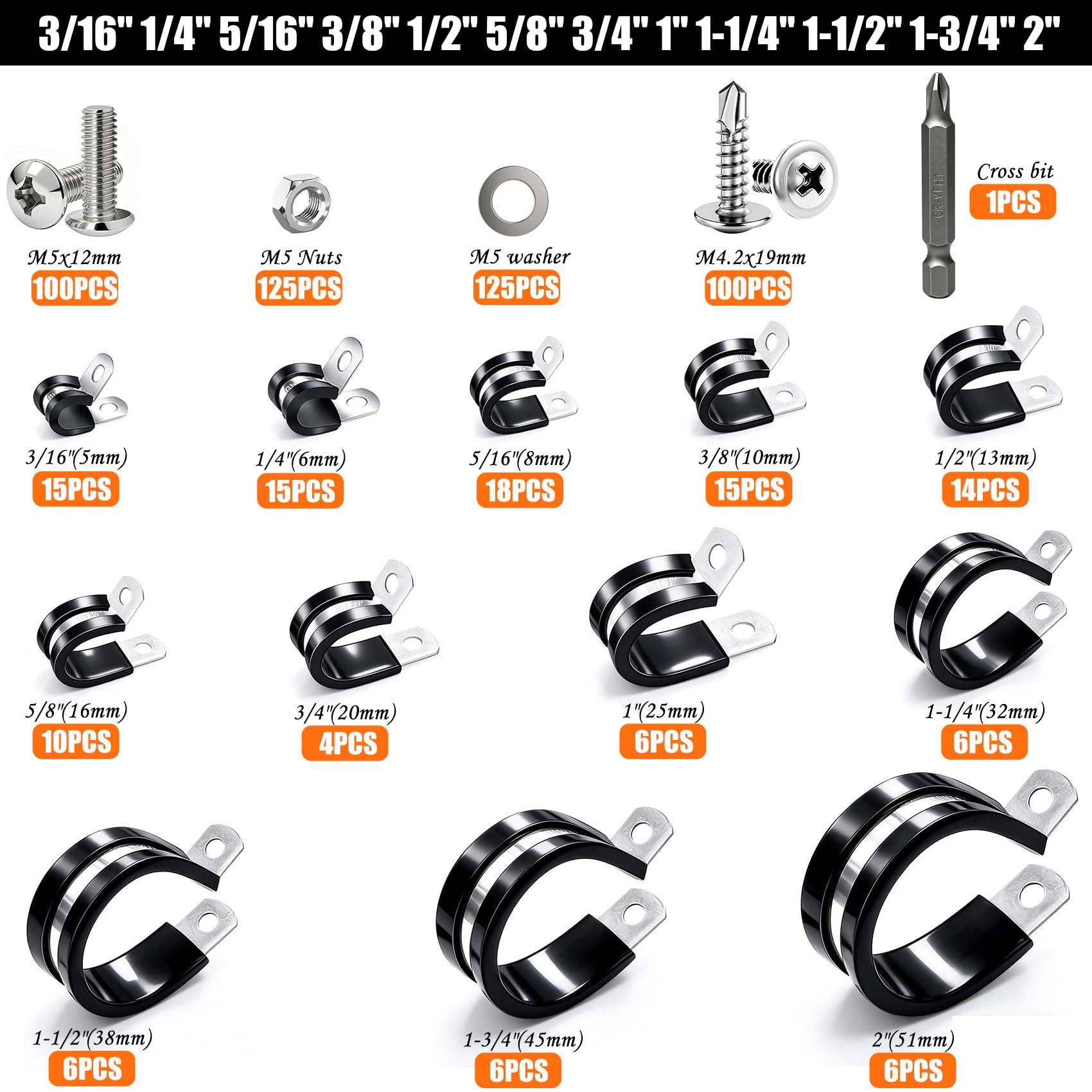 Taiss Kit assortito di 320 fascette stringicavo in acciaio inox 304 con cuscinetti in gomma e 12 misure da 3/16" 1/4" 5/16" 3/8" 1/2" 5/8" 3/4" 1" 1-1/4" 1-1/5 Morsetto per cavi da 0,1 cm (1-3/4" 5,1
