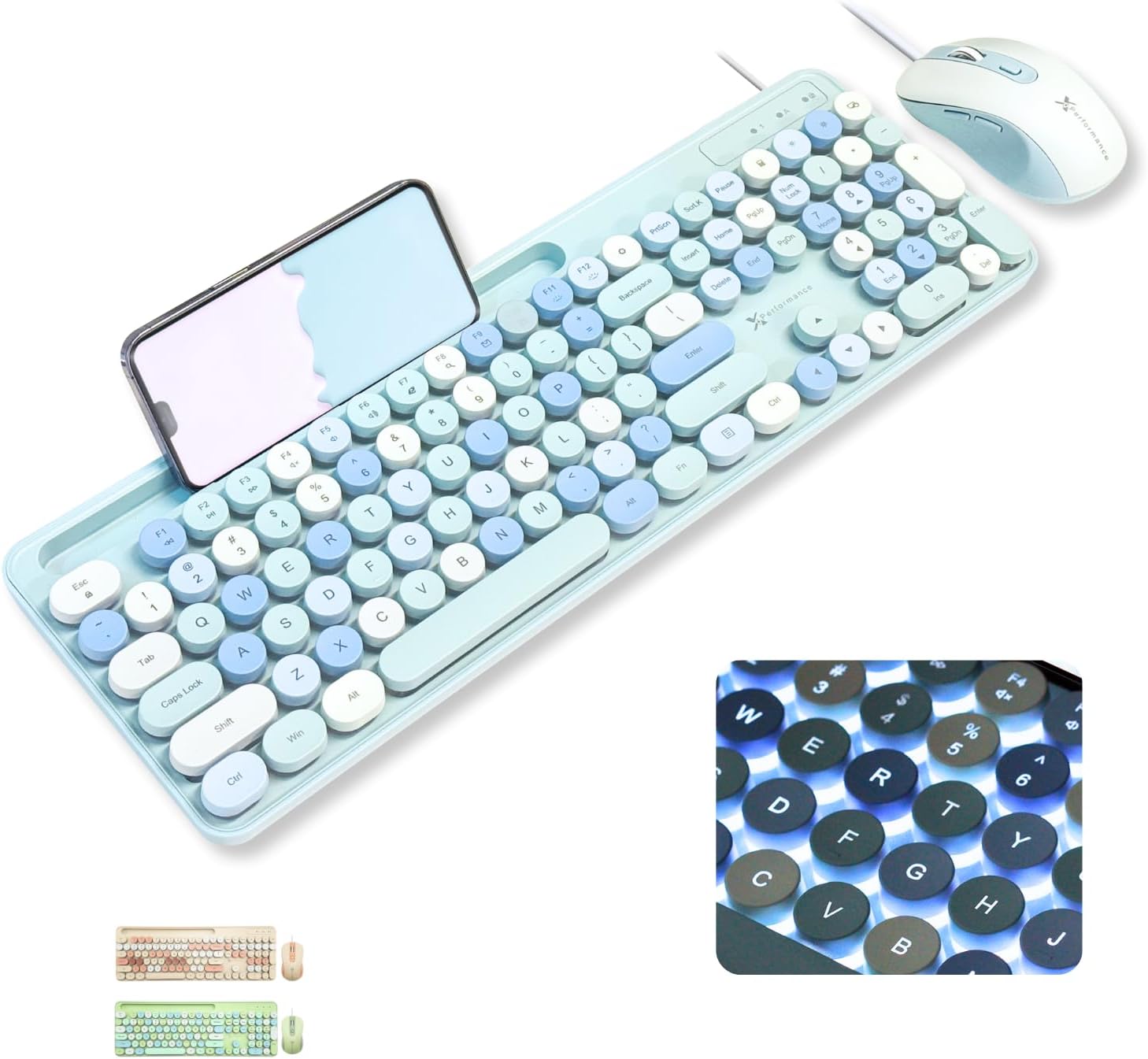 X9 Wired Keyboard and Mouse Combo with Backlight - Silent Round Keycaps, Phone/Tablet Dock, 109 Fullsize Keys, Cute Colorful Blue Keyboard, Aesthetic and Pastel Keyboard for Laptop, PC and Chrome