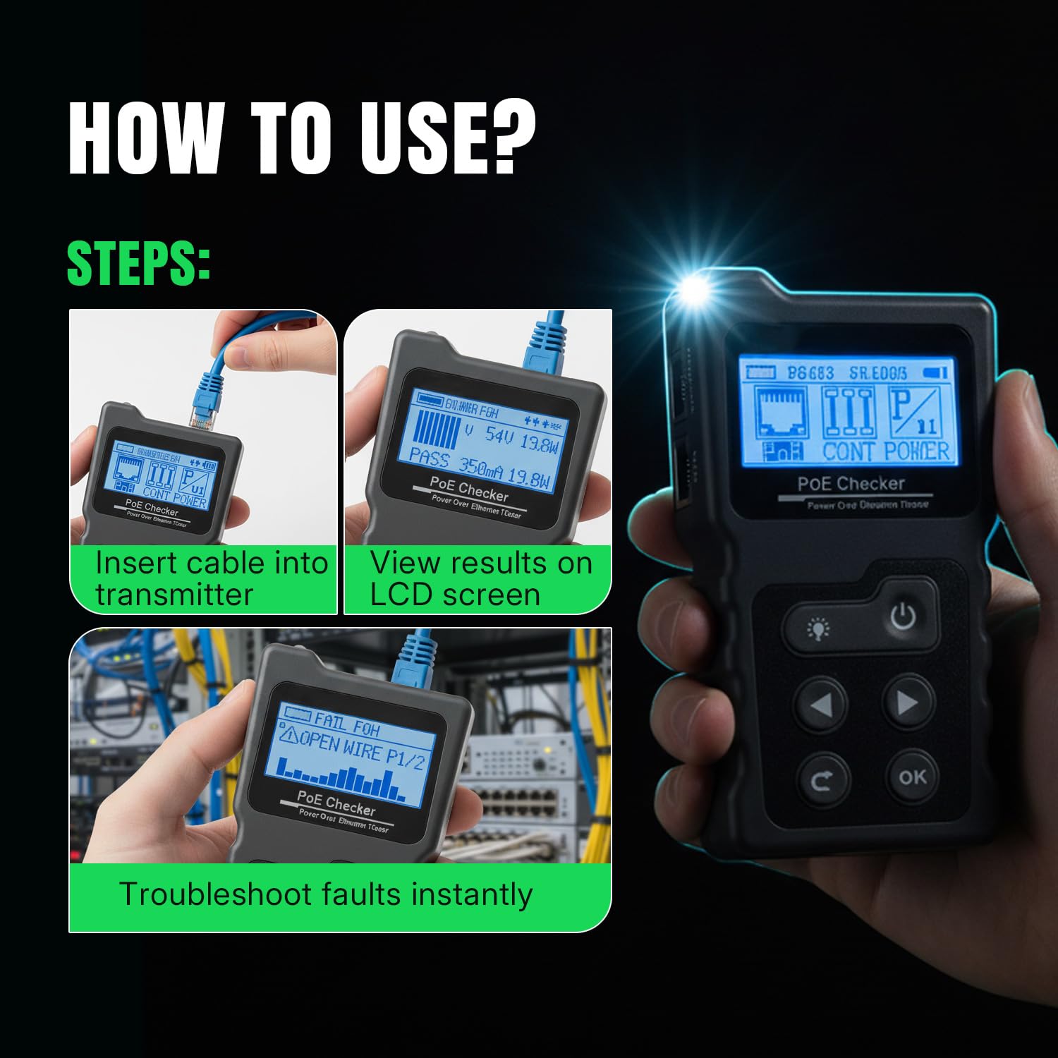 Tester sieci z PoE, tester kabli sieciowych RJ45 z wyświetlaczem LCD do stanu poprzecznego i przerwania kabli sieciowych Cat5/Cat6, test napięcia i prądu