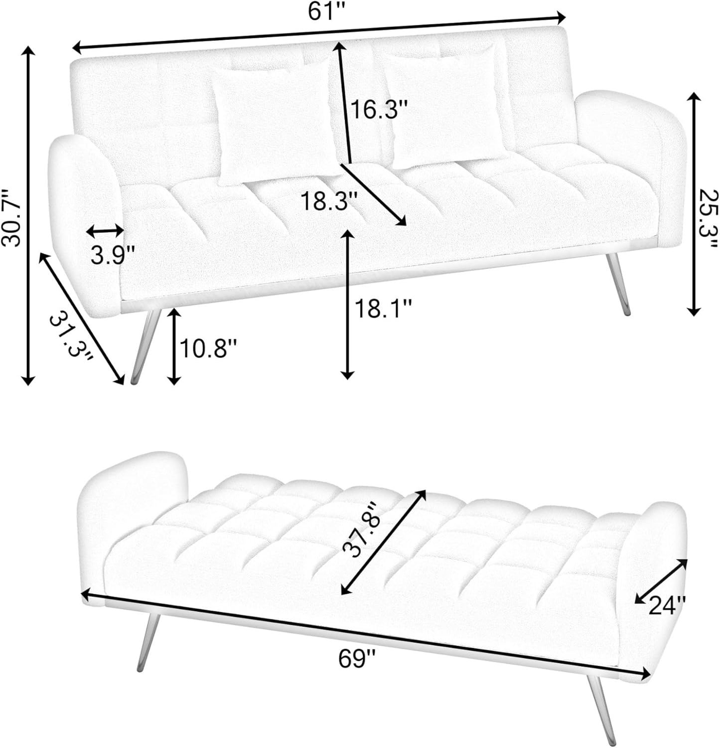 69" W Convertible Folding Futon Sofa Bed with Elegant Golden Legs, Teddy Sleeper Cloud Couch with 2 Pillows, Comfy Loveseat Daybed with Adjustable Armrest for Living Room (Gray)