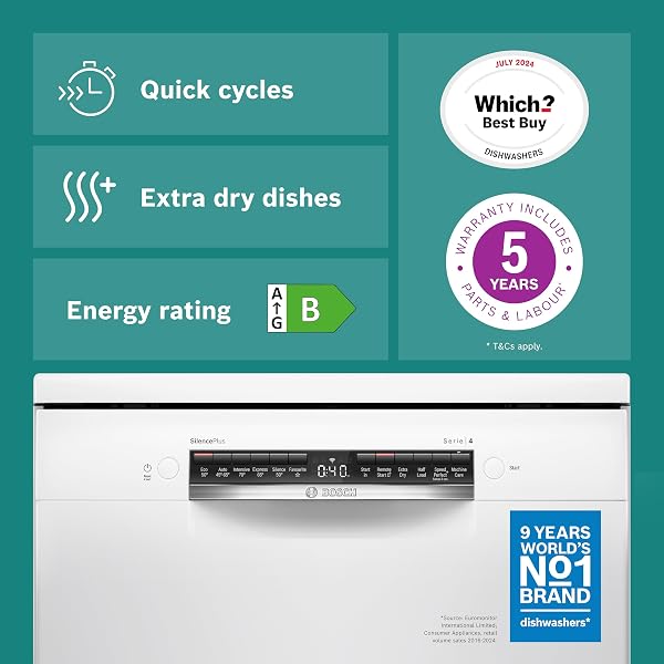 Bosch SMS4EMW06G Series 4, Freestanding Dishwasher 60cm, Home Connect, ExtraDry, Remarkably quiet, Glass Care, Rackmatic Adjustable Basket, Smart Start, ExtraShine Option, AquaStop, White - 3