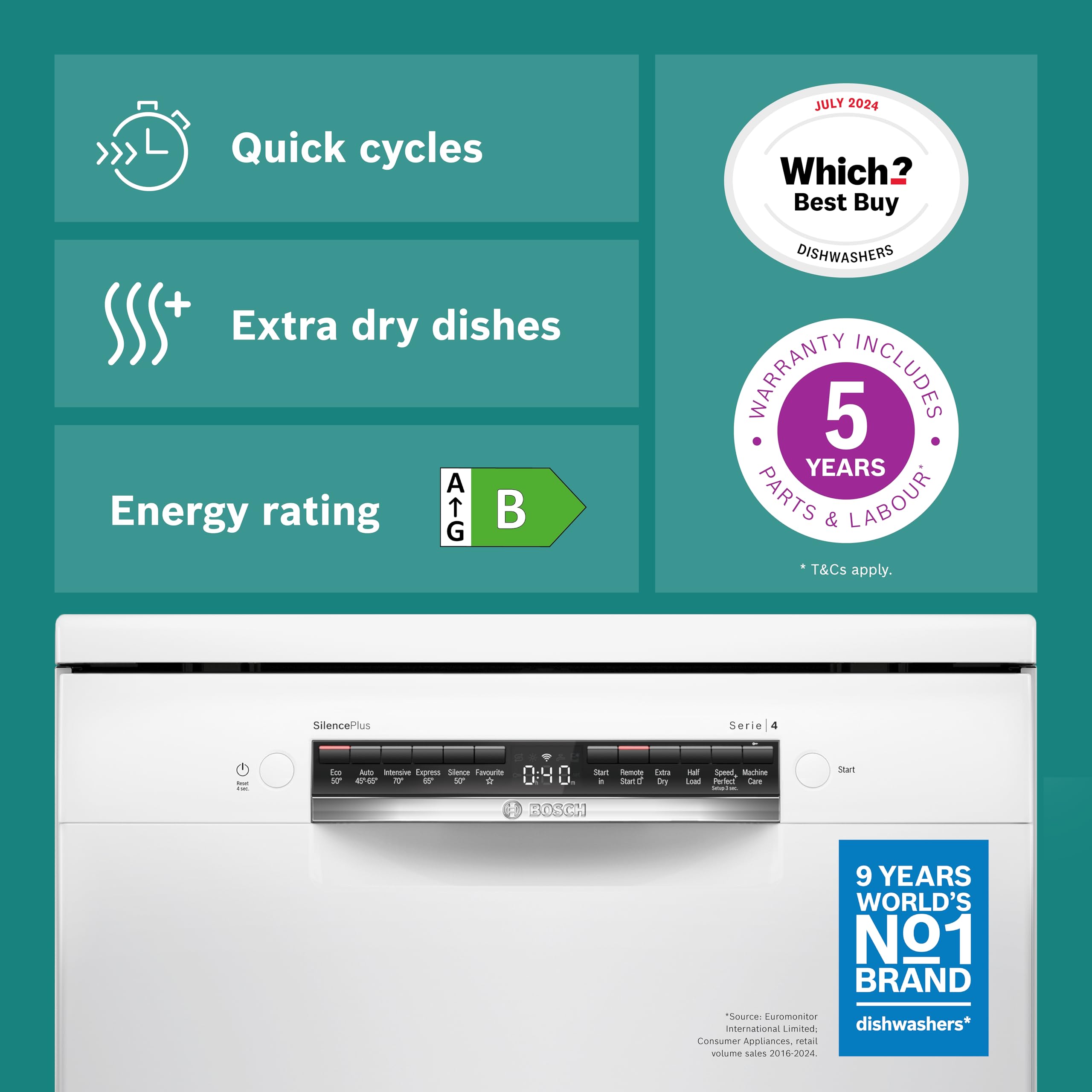 Bosch SMS4EMW06G Series 4, Freestanding Dishwasher 60cm, Home Connect, ExtraDry, Remarkably quiet, Glass Care, Rackmatic Adjustable Basket, Smart Start, ExtraShine Option, AquaStop, White — view 3