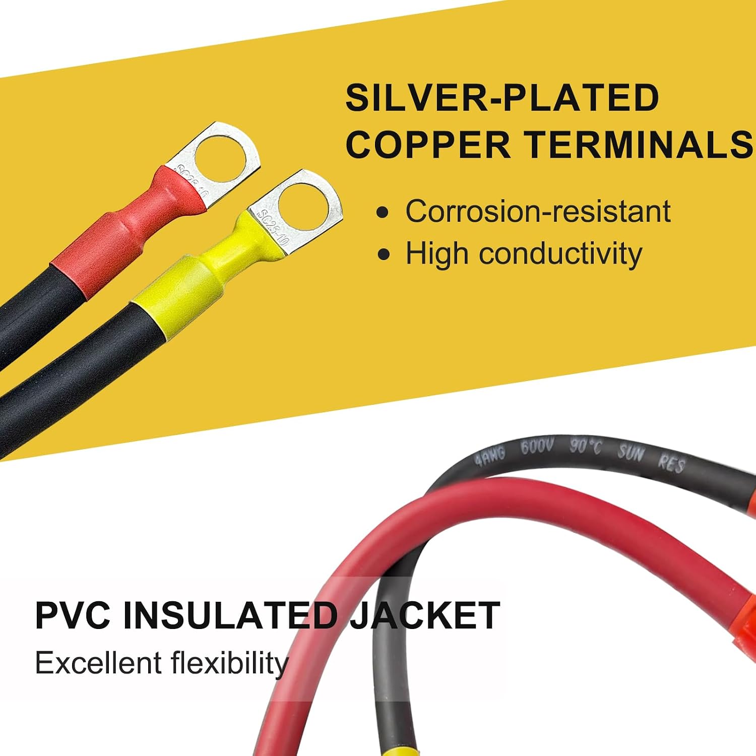 4 AWG Battery Cable, 1FT 4 Gauge Pure Copper Battery Inverter Cables with 3/8 in Lugs Both Ends Power Inverter Wire Set for Automotive Solar Marine Boat RV Car Motorcycle Red and Black (1FT 2PCS)