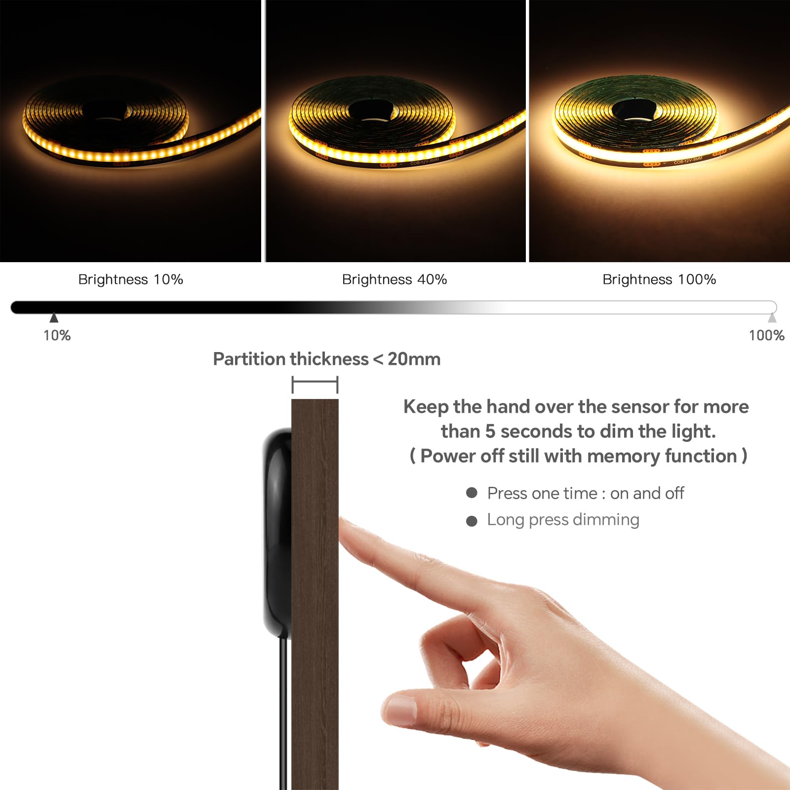 12V COB LED Strip,6 Rollen 3M Warmweiß Akustikpaneele COB LED Streifen mit Berühren und Hand Sweep Dimmer Schalten,Schneidbar COB LED Streifen für Vitrinen,Weinschränke,Küchen und Regale