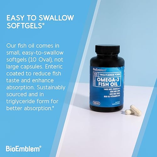 Miniatura 6 de BioEmblem Aceite de pescado Omega-3 de 2000 mg, cápsulas blandas de tamaño pequeño, forma de alta absorción, sostenible - 1400 mg EPA y DHA más