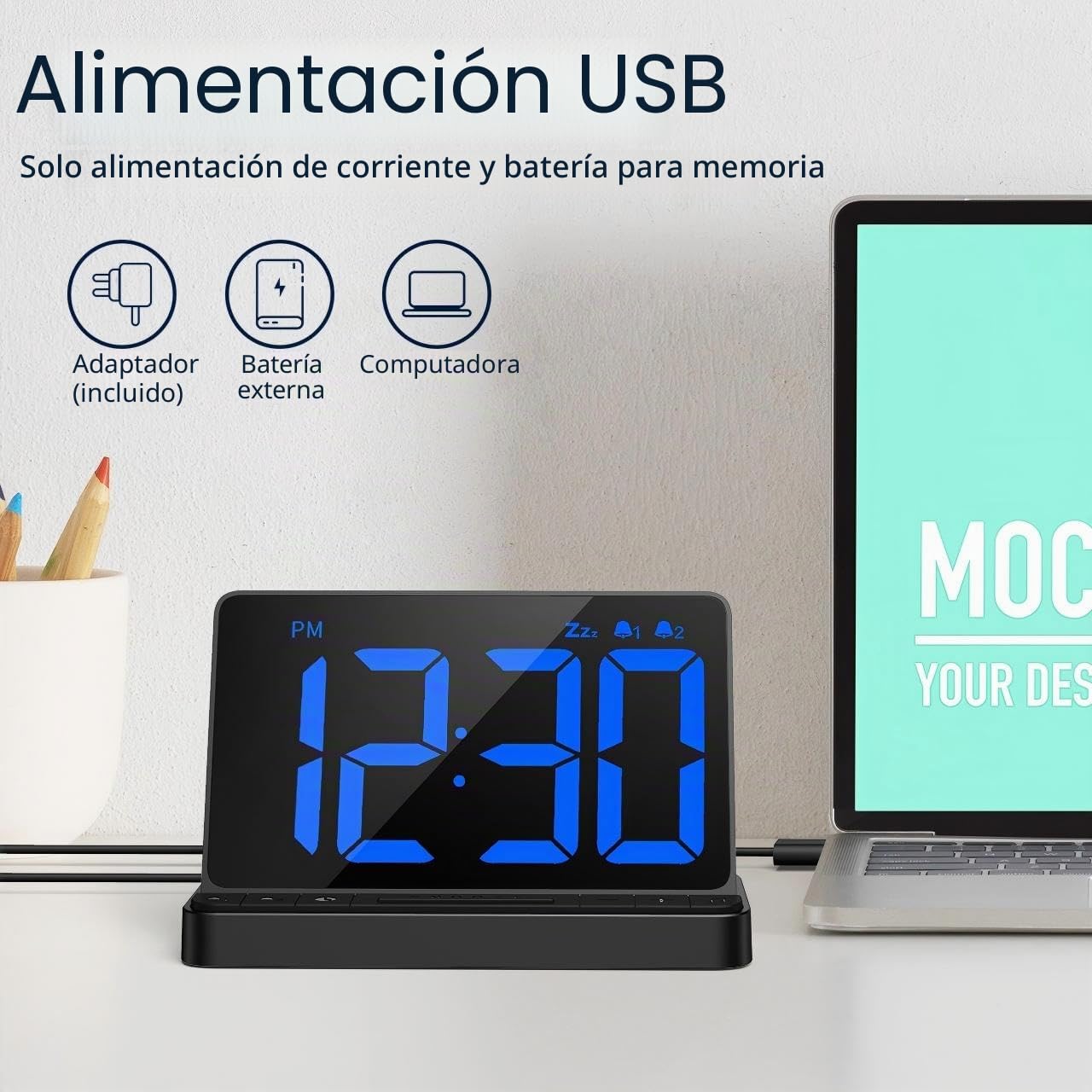 NOKLEAD Reloj Despertador Digital - Reloj Digital Sobremesa con 5 Sonidos de Alarma, Brillo Ajustable, Reloj Digital con Cargador USB, Pantalla LED Grande de 6.5 ", repetición y 12/24 Horas