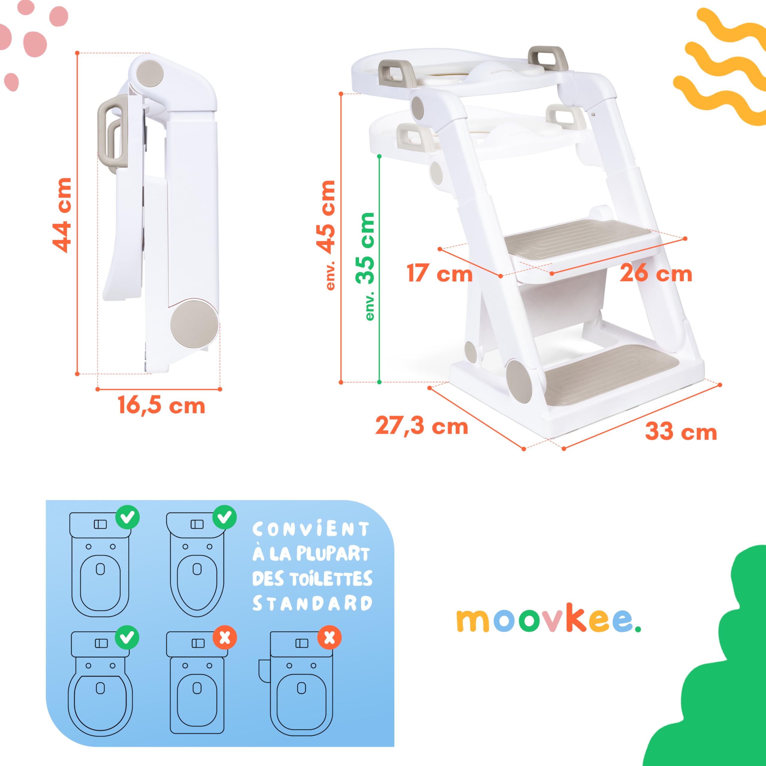 Reducteur Toilette Enfant avec Marche Beige à Partir de 18 Mois - Rehausseur Toilette Pour Garçons et Filles - Pliable Adaptateur WC pour Enfant avec Réglage en Hauteur Continu