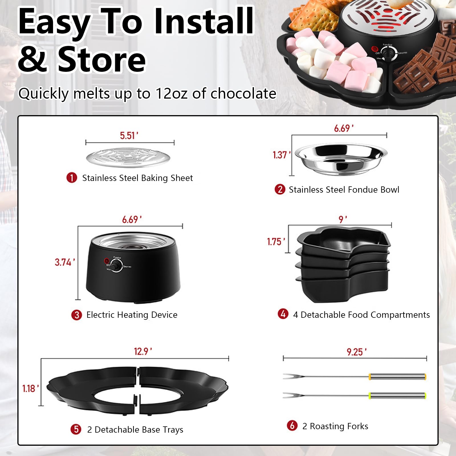 12-teiliges Schokoladenfondue mit Obst- & Kekstablett, 2-in-1 S’Mores- und Schokolade Hot Pot Set, elektrischer Marshmallow-Röster mit Temperaturregelung, perfekt für Partys & Familienfeiern