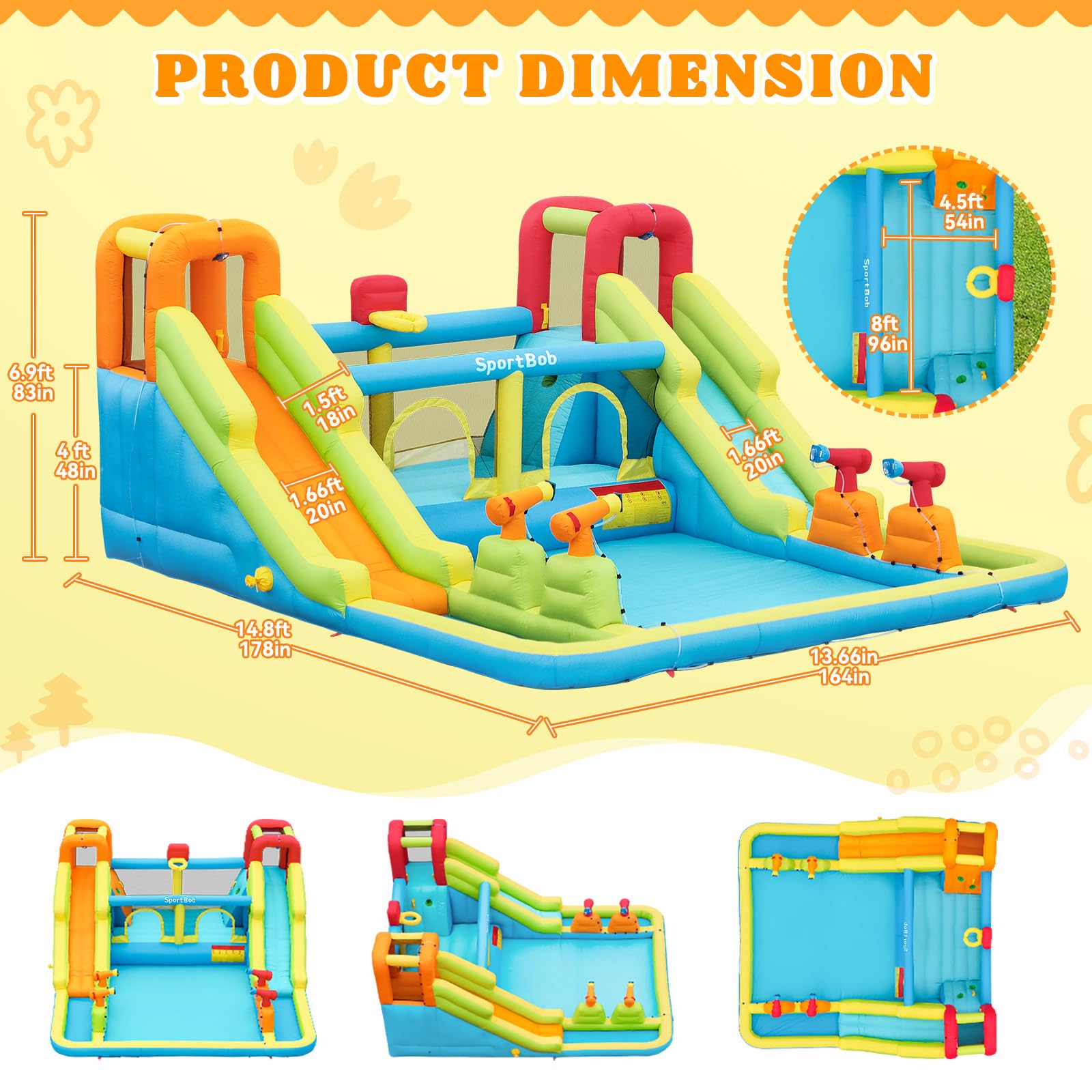 Castello Gonfiabile Grande con Acquatico Scivolo per Bambini, 452x416x210cm | con Piscina, 4 Cannoni Spruzzatori d'acqua, 2 Pareti Arrampicata, Trampolino, Canestro da Basket per Interno Giardino Esterno