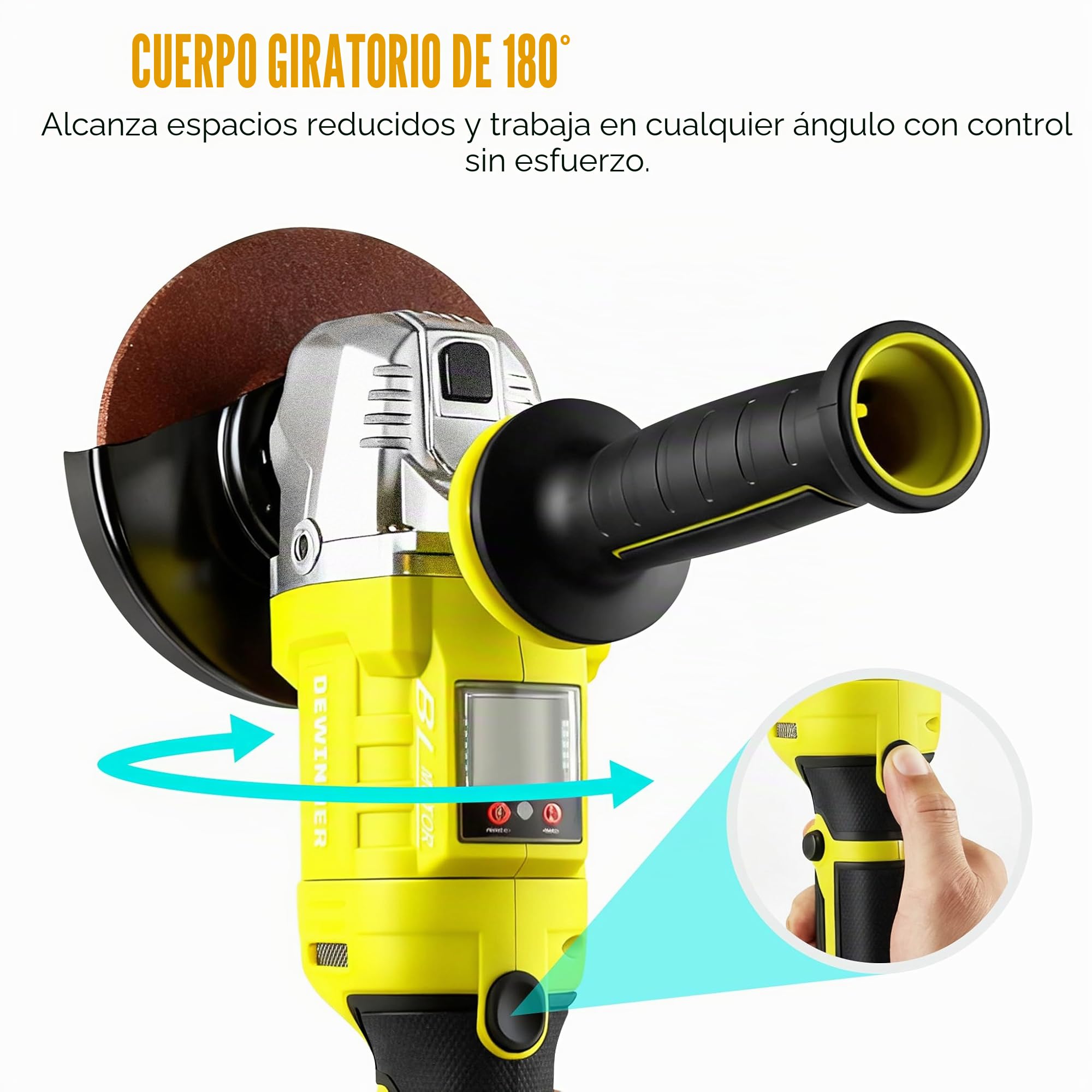 DEWINNER Amoladora angular a batería 21V, Ø 125 mm, 3 Velocidades, capaz de girar 90° hacia la izquierda o hacia la derecha,Amoladora Angular Eléctrica sin Escobillas,para Crtar y Amolar con Precisión