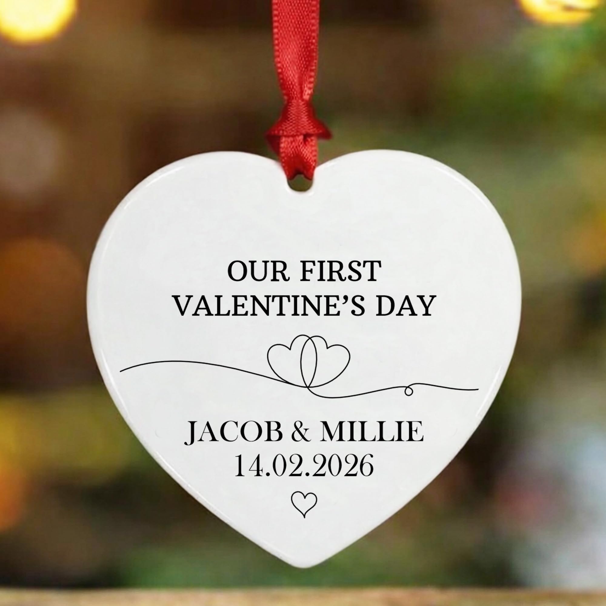 Kreatesquare White Personalised Valentine’s Day Photo Bauble – Custom Heart Ornament With Name – Romantic Couple Gift, Our First Valentine Keepsake, Hanging Ceramic Decoration For Him Her (Design-5, Heart)