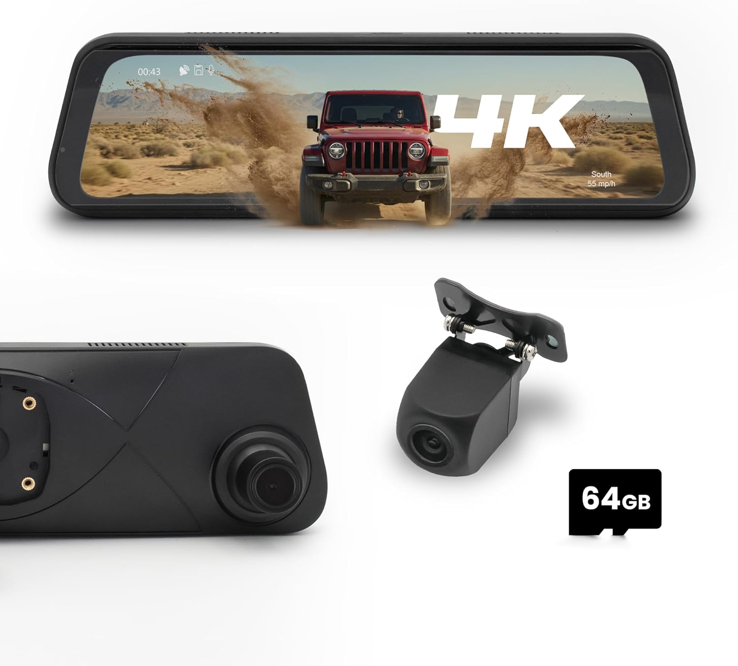 STINGER STR4K 9.66" 4K UHD Rearview DVR Monitor Mirror Camera Front/Rear Dashcam & 2K Backup Cam, OEM Look/Secure Mount, Park Monitor, G-Sensor, Anti-Glare, GPS, 64GB Card (Ford Bronco (2020-25))