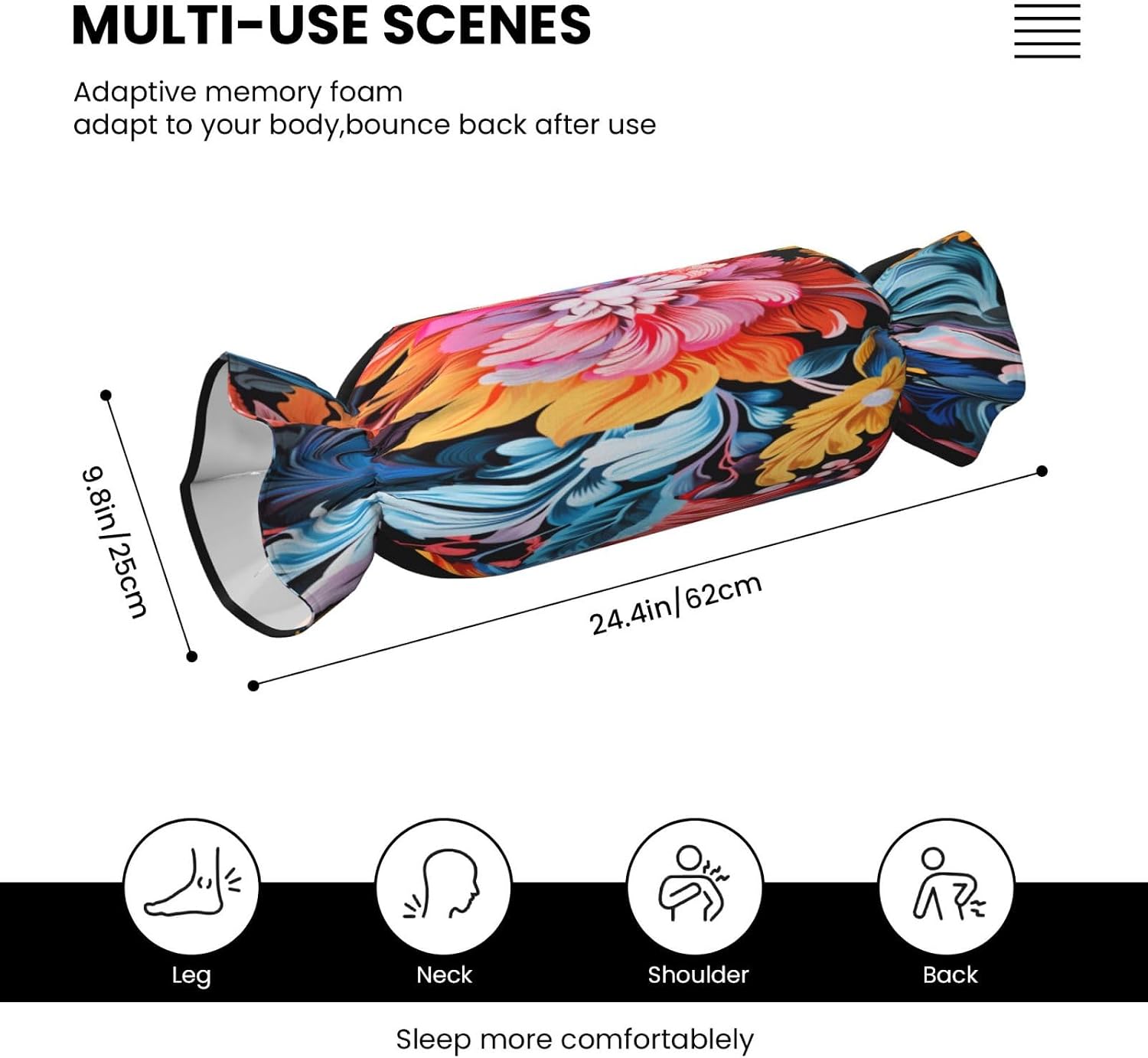 Colorful Jasmine Cylindrical Pillow-Premium Bed Pillows, Side Sleeper Neck Support, Decorative Candy Design, Soft and Durable