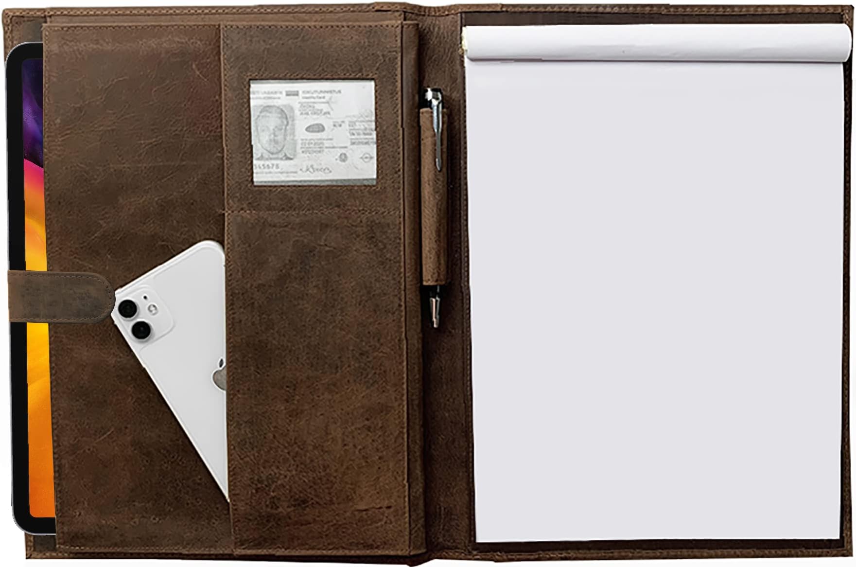 Leather A4 Conference Folder | Professional Organizer for Men and Women | Handmade Durable Leather Portfolio with Sleeves for Documents and Notepad by Rustic Town (Brown)