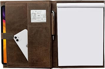 Leather A4 Conference Folder | Professional Organizer for Men and Women | Handmade Durable Leather Portfolio with Sleeves for Documents and Notepad by Rustic Town Brown