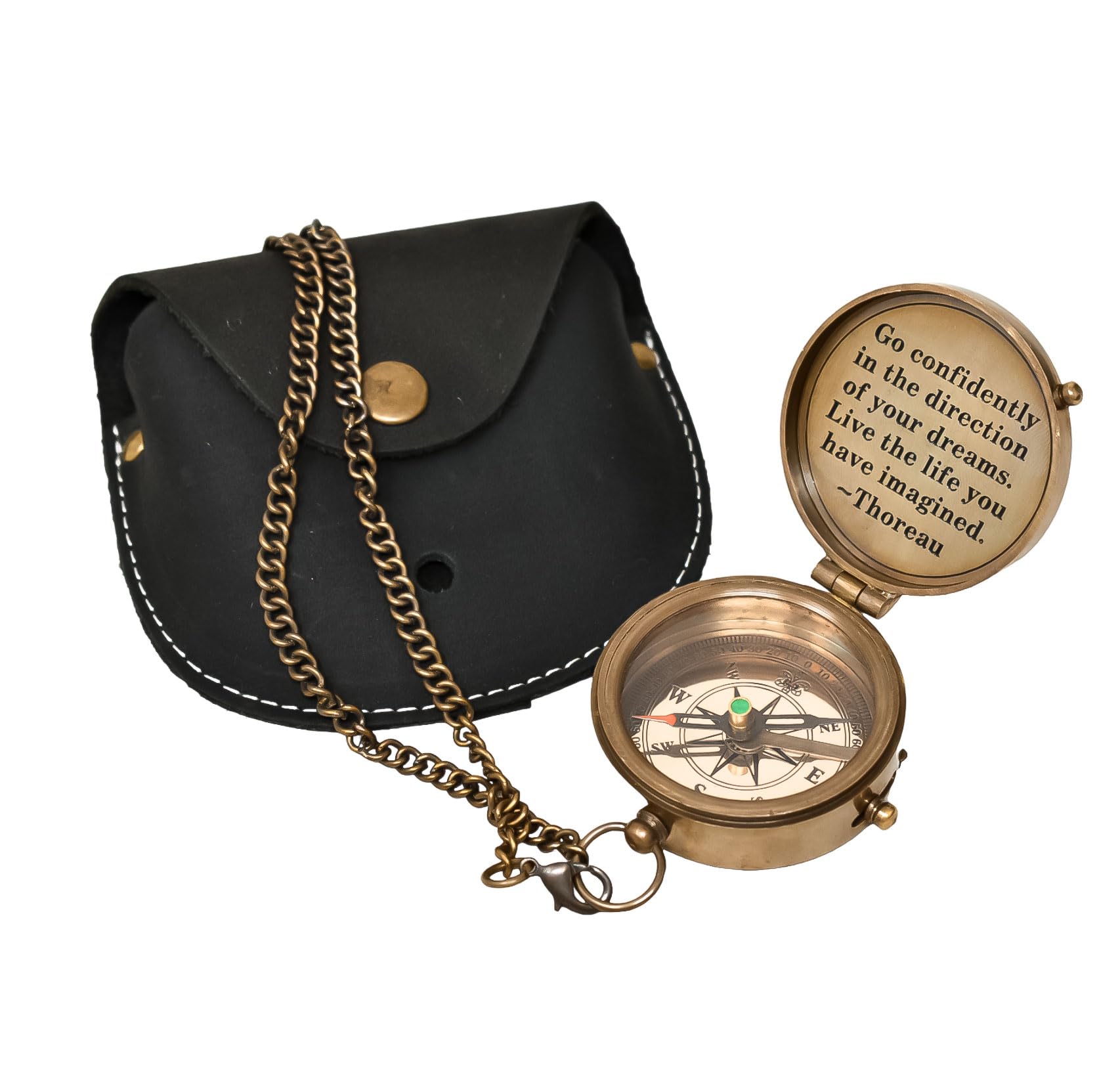 Thoreau's Go - Brújula de graduación grabada con confianza para él, con bolsa de cuero, para navegar, senderismo, regalos religiosos, regalos misioneros, recuerdo de confirmación de regalo