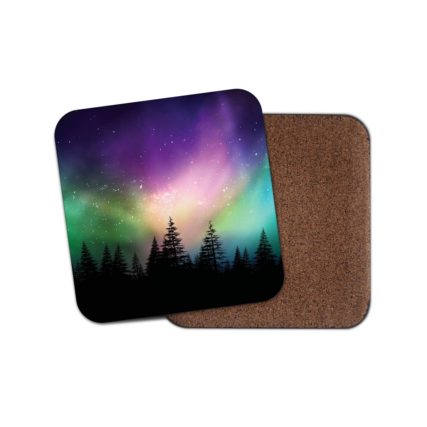 Destinationvinyl Multicolor 1 X Aurora Borealis Drinks Coaster - Forest Northern Lights Night Sky Fun #8603