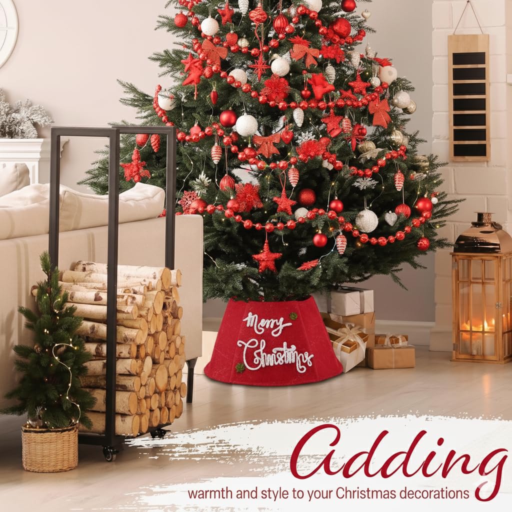 DECO EXPRESS Gonna Albero di Natale, Rosso Allegro Copri Base Albero Diverte, Scintillante Collar per Decorazioni Natalizie per Xmas Festa 42x24 cm (Rosso Merry, Top 42cm/Base 56cm)