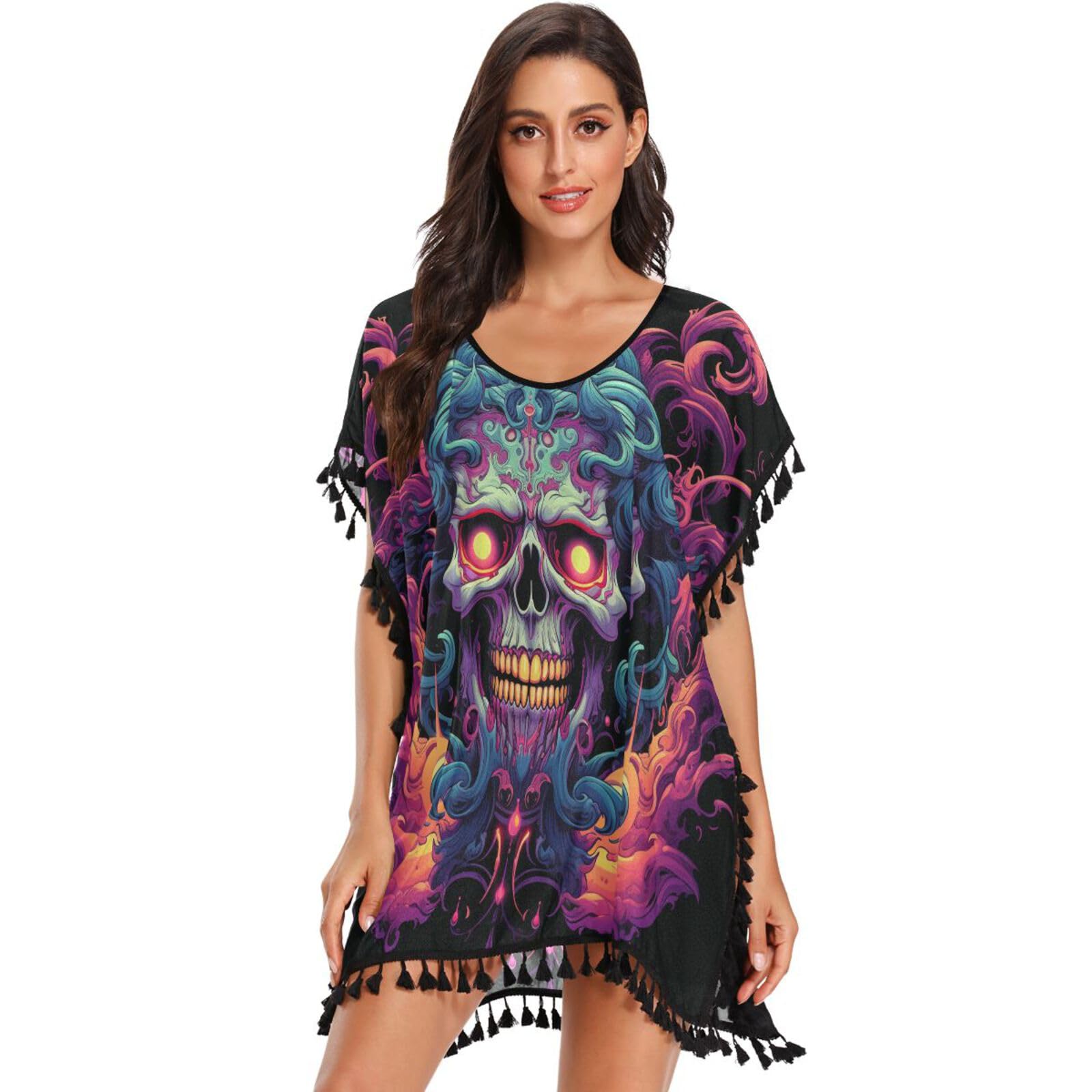 Fired Skull Abstract Art Women's Beach Cover Up Chiffon Tassel Swimwear Swimsuit Coverups for Girl