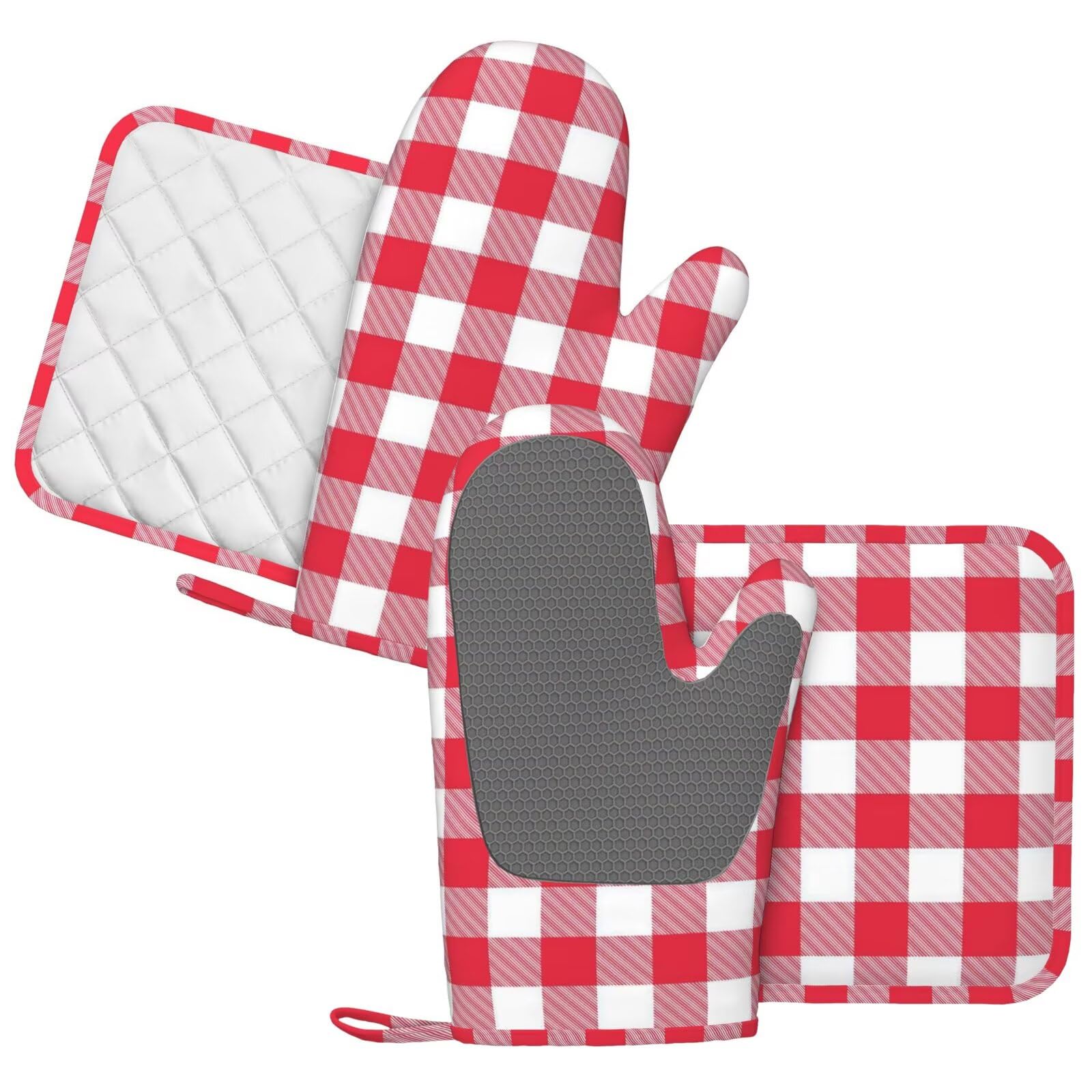 Juego de guantes de horno y agarraderas a cuadros rojos y blancos, 4 guantes de horno de silicona a cuadros rojos y blancos para cocina, guantes de horno resistentes al calor y agarraderas