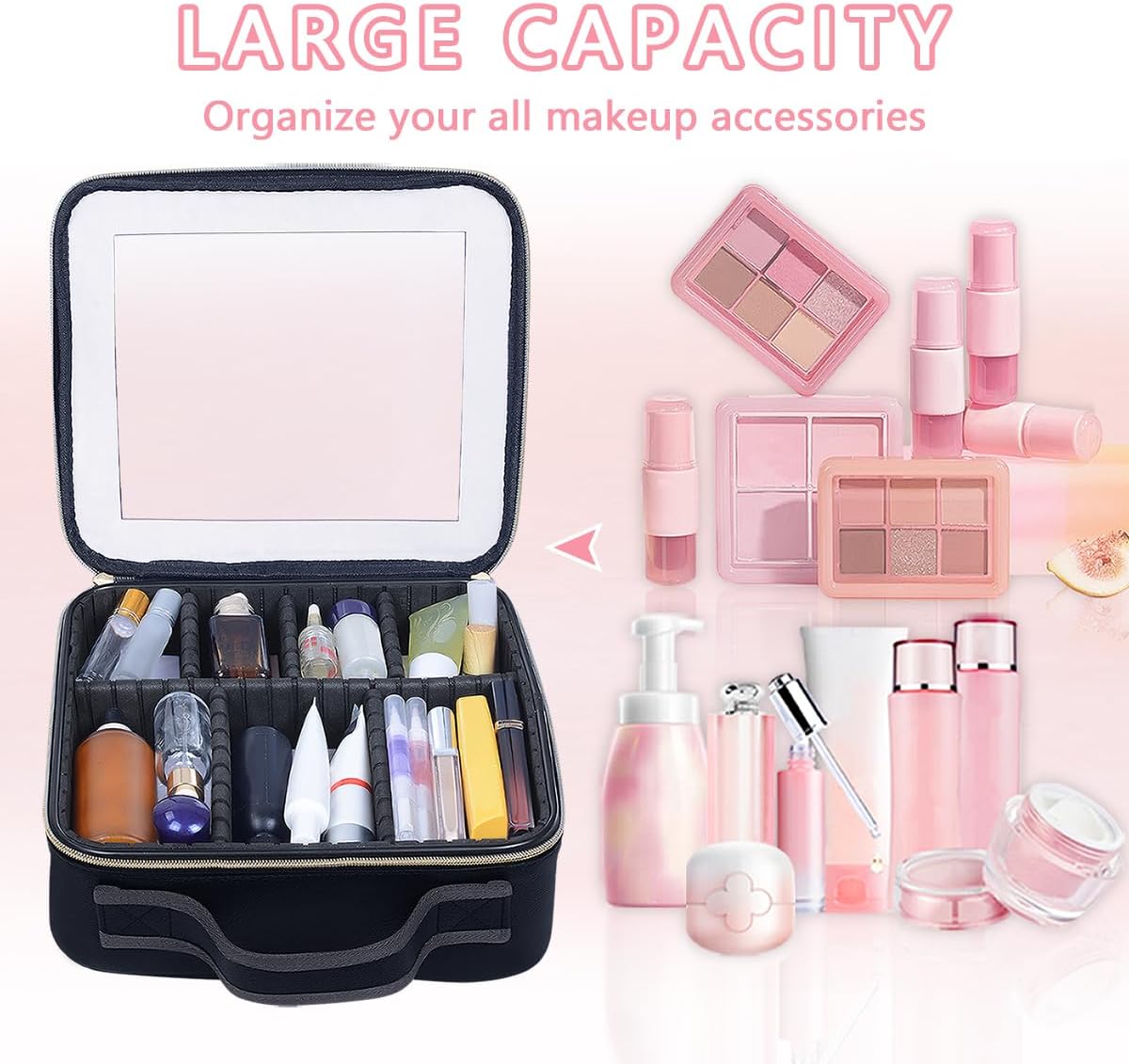 Travel Makeup Train Case Organizer Portable Storage Bag with Adjustable Dividers for Toiletry Cosmetic Brush Jewelry Accessories(Black)