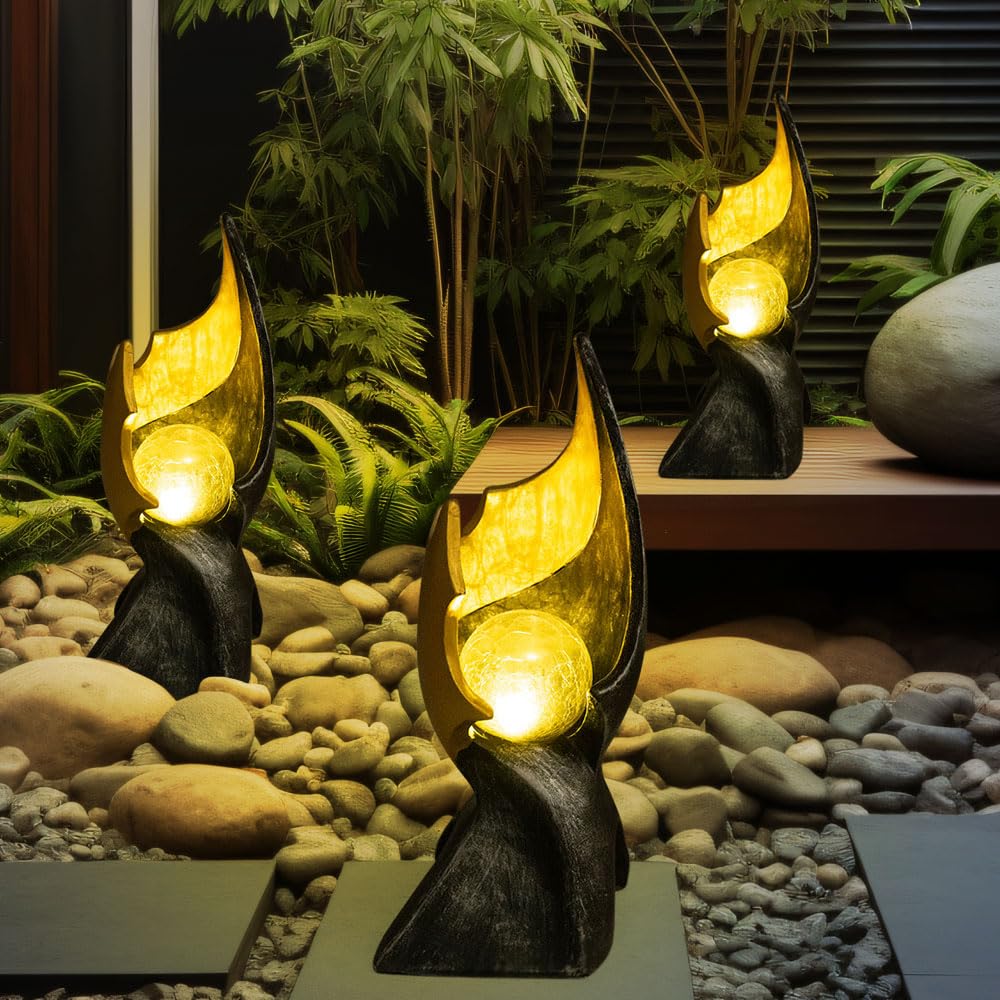 GLOBO LED Solar Flamme Solarlampen für Außen Garten Dekoration Solarleuchte mit Flammeneffekt, gold braune Skulptur mit bezauberndem Lichteffekt, 1x LED warmweiß, H 36 cm, 2er Set