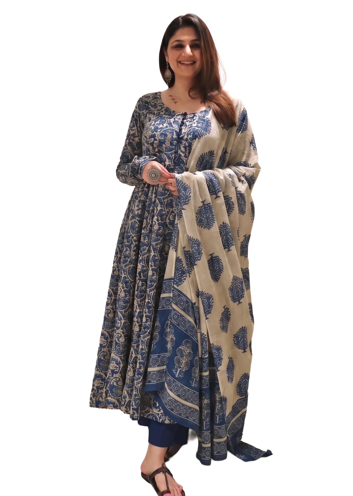 Nermosa Women Printed Anarkali Kurta and Pant Set with Dupatta | Printed Kurta Set | Women Kurta Sets | (IN, Alpha, S, R