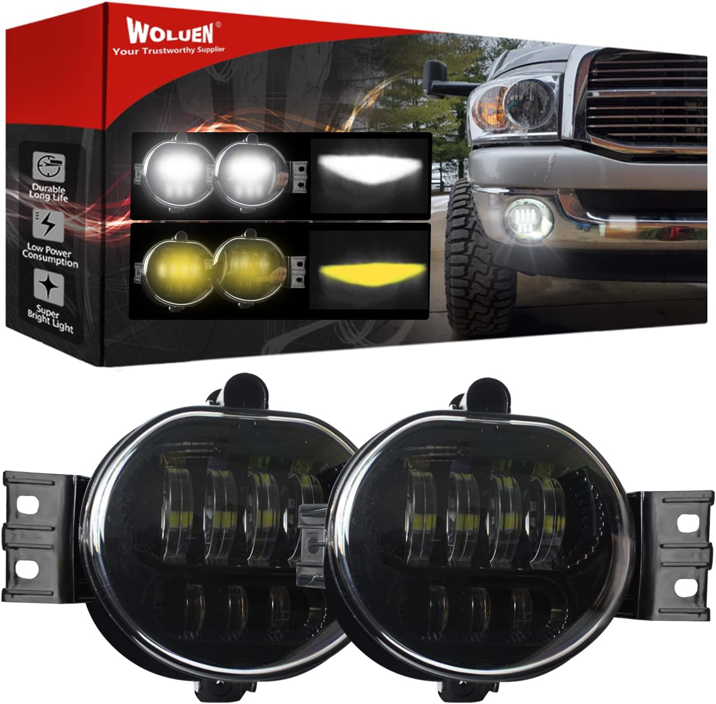 Upgraded Dual Color Super Bright LED Fog Lights for 2002-2008 Dodge Ram 1500 2003-2009 Ram 2500 3500 2004-2006 Durango Truck 2003 2004 2005 2006 2007 2008 2009 Driver and Passenger Side Driving Light